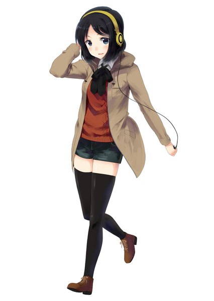 Anime picture 1447x2039 with original h@ll single tall image blush short hair blue eyes black hair simple background white background open clothes open jacket girl thighhighs black thighhighs shorts headphones