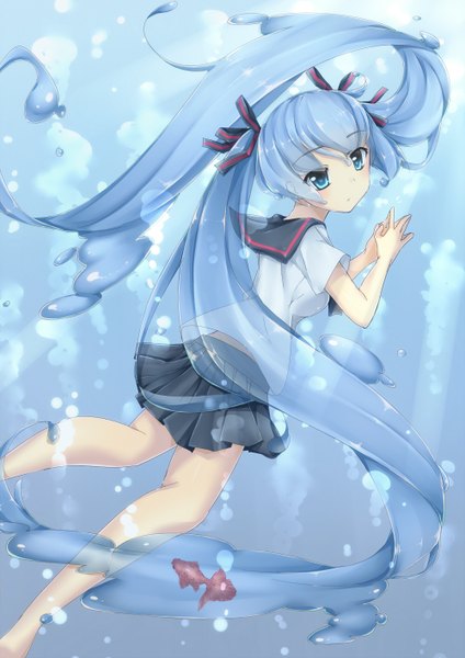 Anime picture 1000x1414 with vocaloid hatsune miku bottle miku natarycandy single long hair tall image blue eyes twintails blue hair looking back underwater liquid hair girl skirt serafuku bubble (bubbles) fish (fishes)