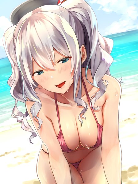 Anime picture 2400x3200 with kantai collection kashima training cruiser baffu single long hair tall image looking at viewer blush highres breasts open mouth blue eyes light erotic cleavage silver hair beach girl swimsuit bikini