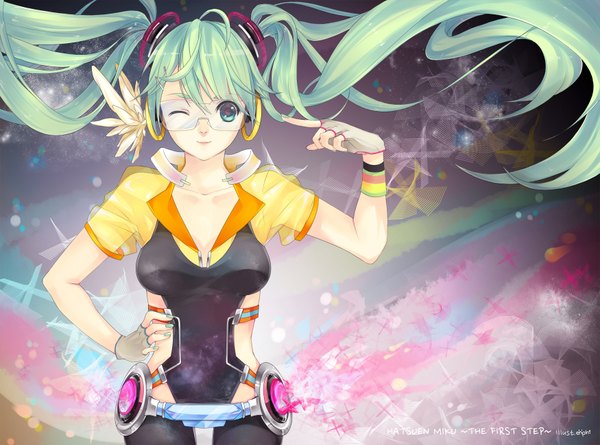 Anime picture 1750x1300 with vocaloid hatsune miku enphi (artist) single long hair highres twintails ahoge nail polish one eye closed aqua eyes wink aqua hair hand on hip girl gloves glasses fingerless gloves goggles