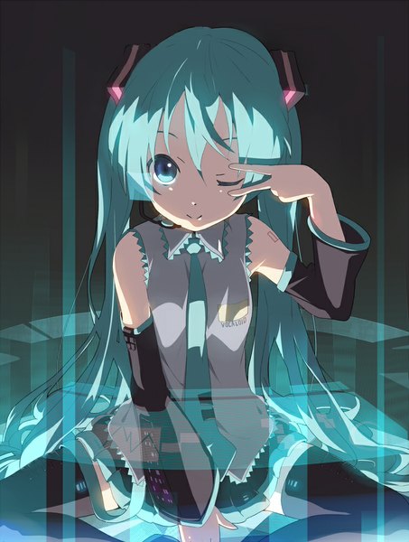 Anime picture 755x1000 with vocaloid hatsune miku ogipote single tall image looking at viewer smile sitting very long hair one eye closed aqua eyes wink aqua hair tattoo light girl detached sleeves necktie