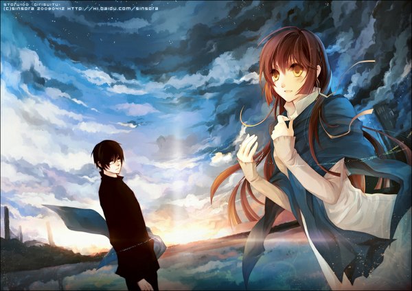 Anime picture 1000x707 with original sinsora (pixiv) long hair blush short hair black hair brown hair signed yellow eyes sky cloud (clouds) wind black eyes sunlight girl boy ribbon (ribbons) hair ribbon glasses