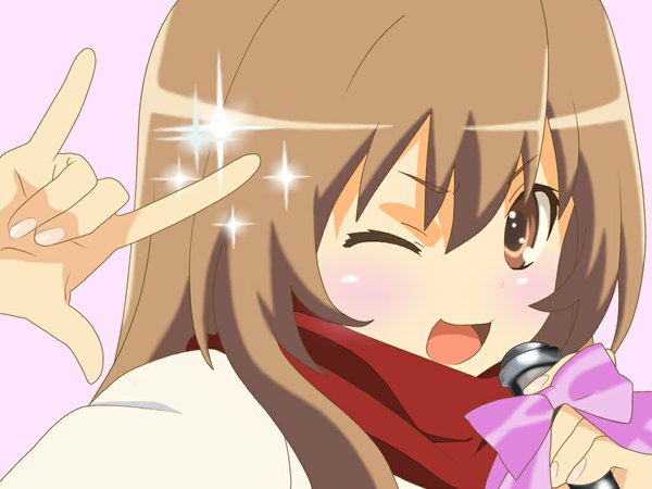 Anime picture 1024x768 with macross macross frontier toradora j.c. staff aisaka taiga long hair brown hair brown eyes one eye closed wink sparkle parody mmm microphone seikan hikou rabinyu