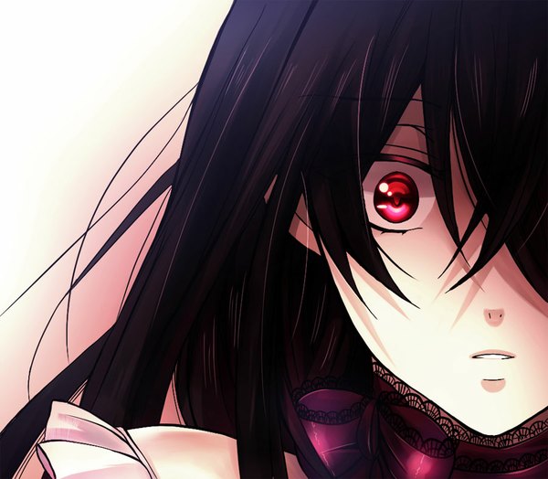 Anime picture 900x786 with pandora hearts xebec lacie baskerville mochizuki jun single long hair looking at viewer fringe black hair pink eyes hair over one eye shadow close-up girl