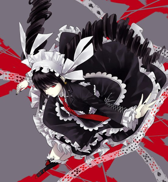 Anime picture 1120x1216 with dangan ronpa celestia ludenberg yasai (getsu) single long hair tall image looking at viewer open mouth black hair red eyes nail polish from above drill hair gothic girl hair ornament earrings choker necktie jewelry