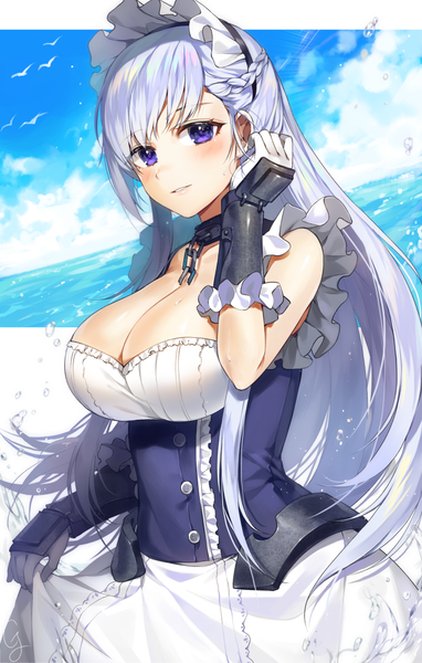 Anime picture 720x1128 with azur lane belfast (azur lane) gijang single long hair tall image looking at viewer blush fringe breasts light erotic large breasts standing purple eyes signed sky cleavage silver hair cloud (clouds) braid (braids)