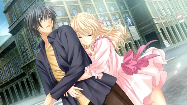 Anime picture 1280x720 with morobito kozorite (game) long hair short hair black hair blonde hair wide image game cg eyes closed black eyes couple girl dress boy