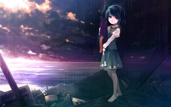 Anime picture 1920x1200 with touhou tatara kogasa chinchickrin highres short hair wide image blue hair sky cloud (clouds) barefoot heterochromia rain ruins girl water umbrella