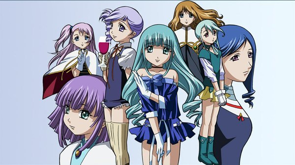Anime picture 1024x575 with kiddy grade gonzo lumiere gotoh keiji long hair blue eyes smile brown hair wide image purple eyes blue hair purple hair pink eyes alternate costume zettai ryouiki one side up side ponytail flat chest eyecatch thighhighs