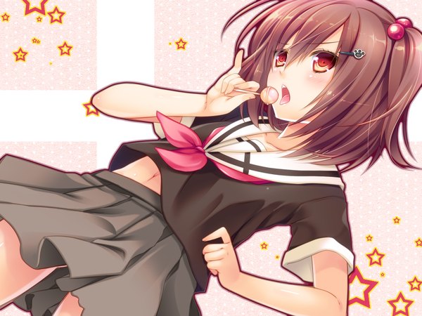 Anime picture 1920x1440 with original cocoa (cafe-hotcocoa) blush highres short hair open mouth red eyes brown hair girl skirt miniskirt serafuku star (symbol) lollipop