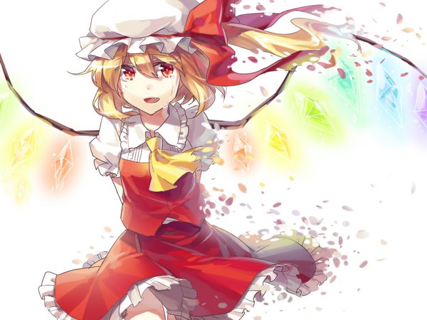 Anime picture 1024x768 with touhou flandre scarlet rella short hair open mouth blonde hair simple background red eyes white background wind tears hands behind back girl dress skirt wings bonnet skirt set crystal