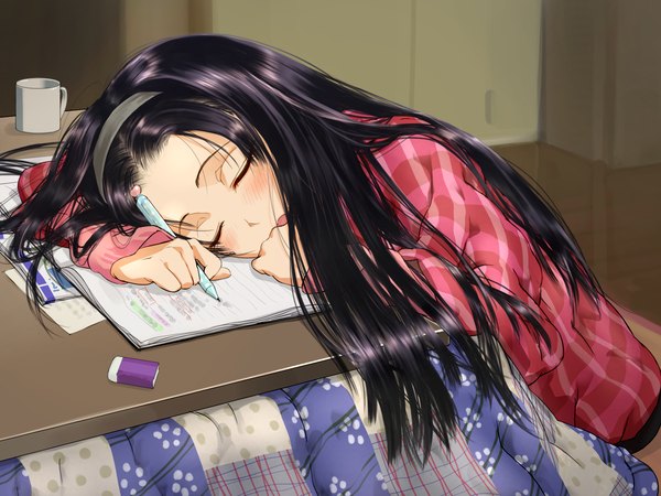 Anime picture 1600x1200 with original dokiyuri single long hair blush open mouth black hair eyes closed wallpaper sleeping girl hairband sweater table paper teacup pen notebook eraser