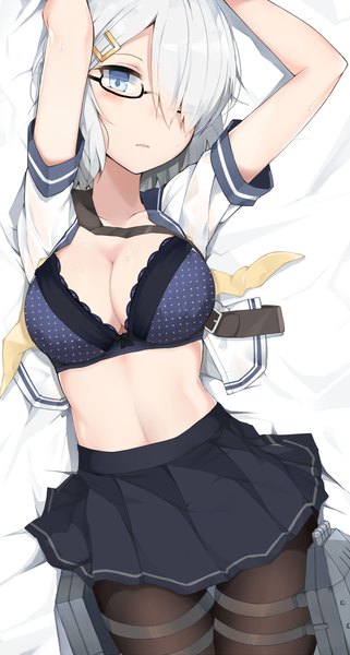 Anime picture 638x1190 with kantai collection hamakaze destroyer cole single tall image blush fringe short hair breasts blue eyes light erotic large breasts silver hair lying hair over one eye open clothes arms up bespectacled girl uniform