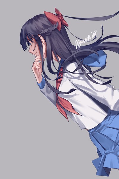 Anime picture 789x1182 with poptepipic pipimi liangchanxingmingrixiang single long hair tall image fringe blue eyes black hair simple background signed looking away upper body profile grey background hand on face girl uniform bow hair bow