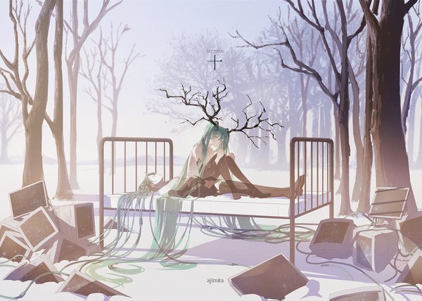 Anime picture 1500x1071 with vocaloid shiryosuru zombie (vocaloid) hatsune miku ajimita single looking at viewer smile sitting twintails signed lying very long hair horn (horns) aqua eyes aqua hair on back dated dual persona hand on knee bare tree
