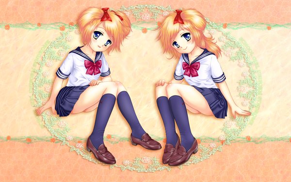 Anime picture 1920x1200 with original comma highres short hair blue eyes smile wide image multiple girls orange hair loli twins girl 2 girls socks serafuku black socks