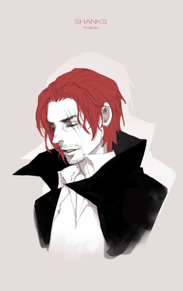 Anime picture 880x1394 with one piece toei animation shanks dywx poison single tall image short hair simple background red hair lips character names scar eyebrows bristle boy shirt white shirt
