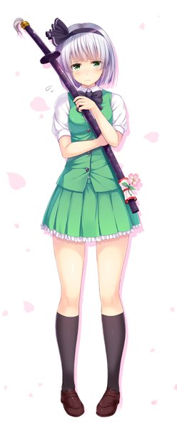 Anime picture 800x1932 with touhou konpaku youmu noe noel single tall image looking at viewer blush short hair white background green eyes white hair girl skirt flower (flowers) weapon miniskirt petals sword socks hairband