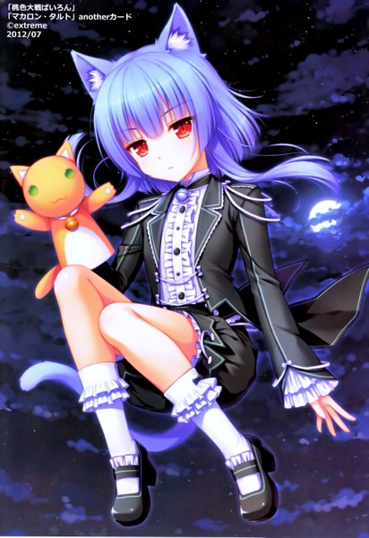 Anime picture 2072x3014 with macaron tart tart (sayori) sayori long hair tall image highres red eyes animal ears blue hair cloud (clouds) tail animal tail cat ears scan night cat girl cat tail girl dress socks