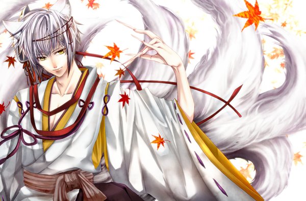 Anime picture 1759x1160 with hiiro no kakera yuuichi komura ra-shou single fringe highres short hair animal ears yellow eyes looking away white hair traditional clothes japanese clothes fox ears fox tail multiple tails mask on head fox shadow puppet boy ribbon (ribbons)