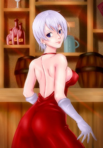 Anime picture 1185x1702 with fairy tail lisanna strauss akira (yuibnm71) single tall image looking at viewer fringe short hair breasts light erotic large breasts purple eyes bare shoulders purple hair looking back light smile bare back girl dress gloves