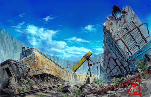 Anime picture 1873x1197 with original kaji (artist) highres signed sky cloud (clouds) no people landscape ruins train railways