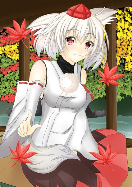 Anime picture 1075x1518 with touhou inubashiri momiji sanadamushi (pixiv id6618889) single tall image looking at viewer blush short hair bare shoulders white hair japanese clothes pink eyes light smile girl detached sleeves headdress leaf (leaves) pom pom (clothes)