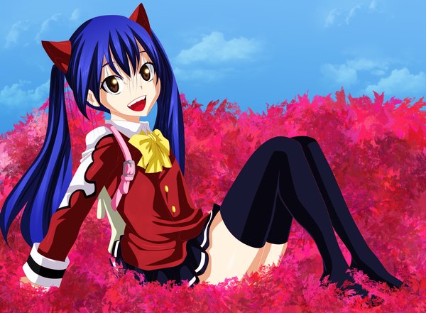 Anime picture 4460x3280 with fairy tail wendy marvell eikens single long hair highres open mouth smile twintails brown eyes blue hair absurdres sky cloud (clouds) pleated skirt coloring girl thighhighs skirt uniform
