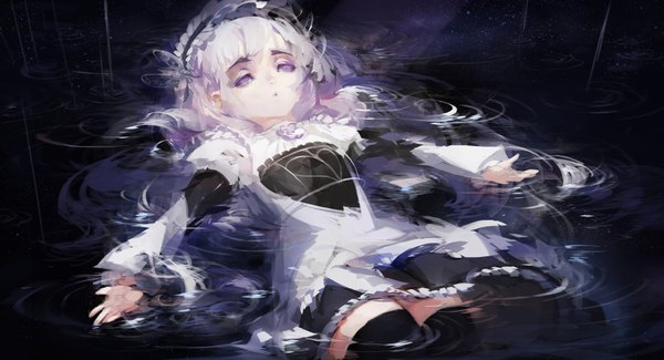 Anime picture 1690x916 with hitsugi no chaika studio bones chaika trabant rained (artist) single long hair fringe wide image purple eyes white hair lying zettai ryouiki looking up spread arms expressionless ophelia's pose girl thighhighs black thighhighs water
