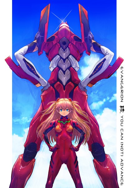 Anime picture 822x1200 with neon genesis evangelion rebuild of evangelion evangelion: 2.0 you can (not) advance gainax soryu asuka langley shikinami asuka langley eva 02 boyaking(sbf) single long hair tall image looking at viewer blue eyes sky cloud (clouds) orange hair inscription hands on hips girl pilot suit