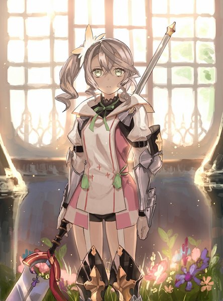 Anime picture 740x1000 with tales of zestiria alisha (tales) buun ko single long hair tall image looking at viewer blonde hair standing green eyes ponytail sunlight side ponytail girl flower (flowers) weapon window armor huge weapon armored dress