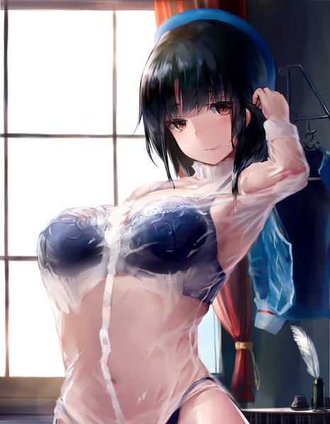 Anime picture 1400x1800 with kantai collection takao heavy cruiser takeichi yui single tall image looking at viewer blush fringe short hair breasts light erotic black hair red eyes large breasts light smile adjusting hair wet clothes arched back wet shirt girl