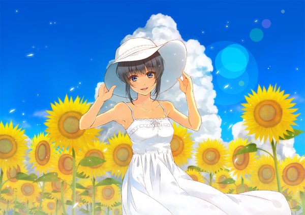 Anime picture 1503x1063 with original furai (furai127) looking at viewer short hair blue eyes black hair sky cloud (clouds) girl hat sundress