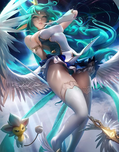 Anime picture 862x1100 with league of legends soraka (league of legends) sakimichan tall image fringe breasts light erotic holding green eyes signed bent knee (knees) parted lips horn (horns) green hair lips realistic from below pantyshot looking down pantyshot sitting