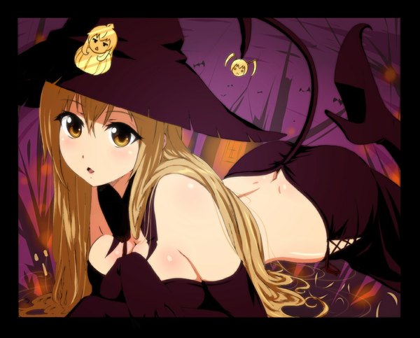 Anime picture 1170x943 with minami-ke minami kana minami chiaki minami haruka cake (nico seiga) long hair light erotic blonde hair bare shoulders yellow eyes tail halloween witch girl gloves elbow gloves witch hat