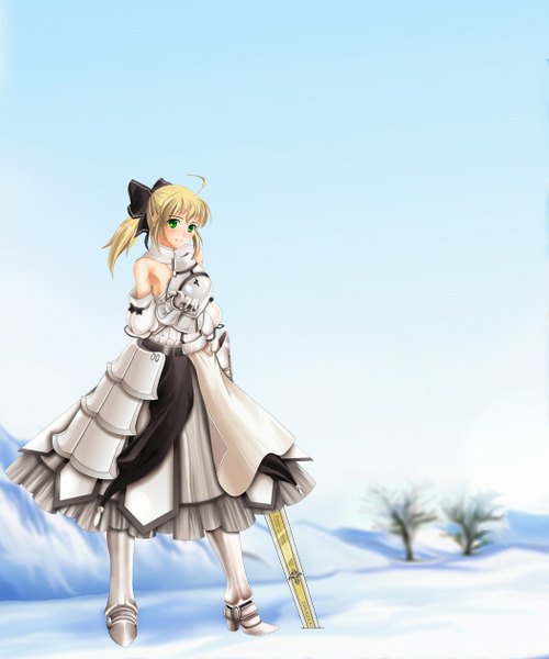 Anime picture 1050x1260 with fate (series) fate/stay night studio deen type-moon artoria pendragon (all) saber saber lily cruizer tall image blush smile bare shoulders green eyes ahoge ponytail winter snow girl bow weapon
