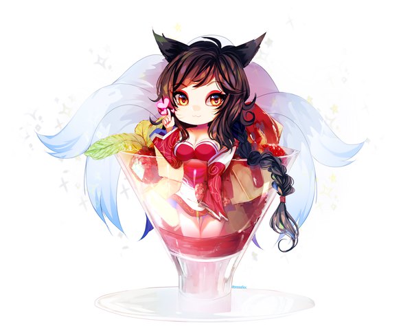 Anime picture 1280x1012 with league of legends ahri (league of legends) ree (artist) single looking at viewer black hair simple background white background signed animal ears yellow eyes cleavage ahoge tail braid (braids) very long hair traditional clothes animal tail wide sleeves fox ears