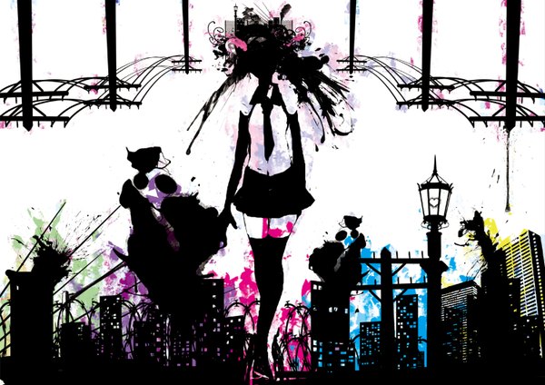 Anime picture 1500x1060 with vocaloid hatsune miku danchoudanchou (artist) city no face girl skirt gloves elbow gloves heart lantern wire (wires)