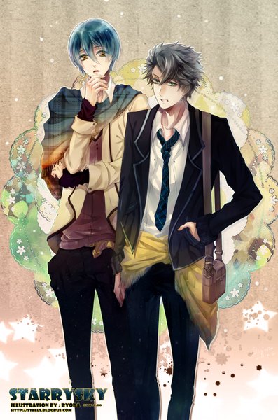 Anime picture 1498x2260 with starry sky homare kanakubo shiranui kazuki stells tall image short hair open mouth black hair brown eyes green eyes signed blue hair long sleeves multiple boys hand in pocket boy necktie 2 boys bag suit