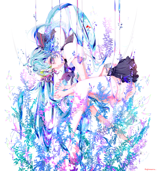 Anime picture 1228x1340 with vocaloid hatsune miku bottle miku marinachan single tall image twintails very long hair aqua eyes aqua hair liquid hair girl skirt ribbon (ribbons) plant (plants) hair ribbon miniskirt serafuku fish (fishes)