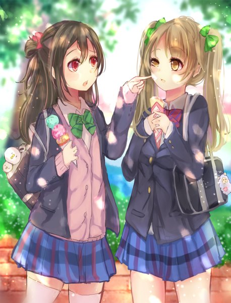 Anime picture 1196x1566 with love live! school idol project sunrise (studio) love live! yazawa nico minami kotori ku ra ta long hair tall image blush open mouth blonde hair red eyes brown hair twintails multiple girls yellow eyes pleated skirt sunlight one side up plaid skirt