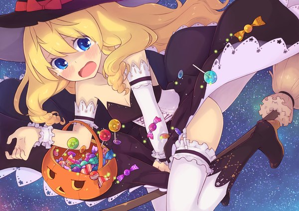 Anime picture 2046x1447 with amagi brilliant park kyoto animation latifa fleuranza moonhackle single long hair blush highres open mouth blue eyes light erotic blonde hair halloween witch girl thighhighs dress hat detached sleeves white thighhighs