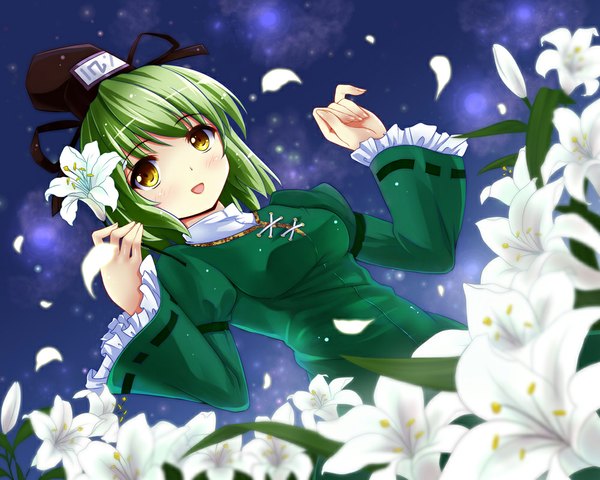 Anime picture 1000x800 with touhou soga no tojiko dzc23 blush short hair open mouth yellow eyes green hair girl dress flower (flowers) hat petals