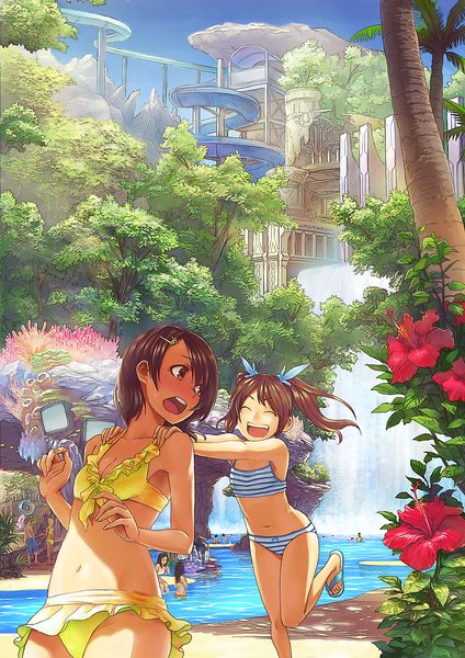 Anime picture 1200x1696 with original guchico long hair tall image short hair open mouth brown hair twintails multiple girls brown eyes eyes closed looking back waterfall girl flower (flowers) 2 girls swimsuit plant (plants) bikini tree (trees)