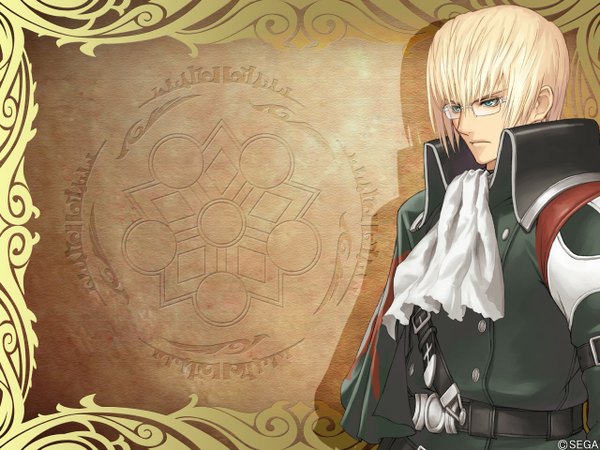 Anime picture 1280x960 with shining (series) shining tears tony taka short hair blonde hair green eyes profile inscription serious glasses belt coat of arms