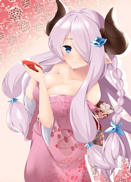 Anime picture 1482x2046 with granblue fantasy narmaya (granblue fantasy) single long hair tall image looking at viewer blush fringe blue eyes light erotic smile cleavage white hair braid (braids) traditional clothes japanese clothes horn (horns) hair over one eye tress ribbon draph