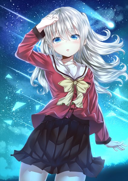 Anime picture 1060x1500 with charlotte p.a. works tomori nao yuuki suzu (suzuk yuki) single long hair tall image looking at viewer fringe blue eyes standing silver hair parted lips pleated skirt night two side up night sky hand on head constellation meteor rain