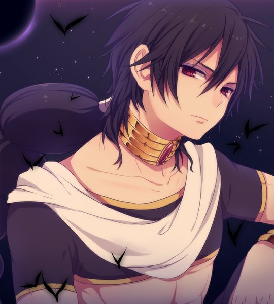 Anime picture 900x1000 with magi the labyrinth of magic a-1 pictures judal chi yu single long hair tall image looking at viewer black hair red eyes sitting braid (braids) traditional clothes night single braid boy choker jewelry arabian clothes gold