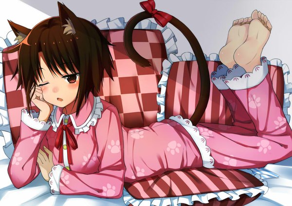 Anime picture 1000x707 with original kuhotaka single blush fringe short hair open mouth red eyes animal ears lying animal tail barefoot cat ears cat girl cat tail on stomach sleepy girl bow ribbon (ribbons)