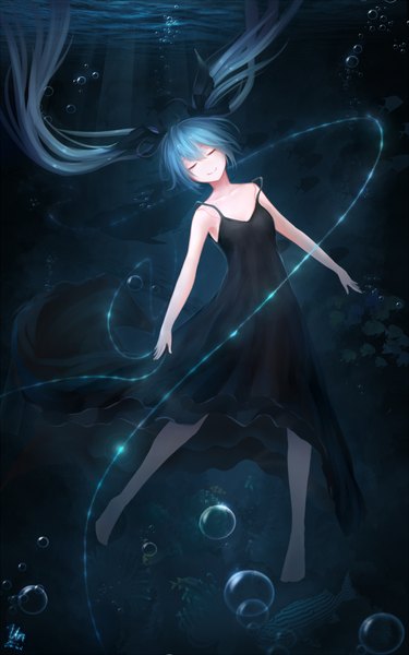 Anime picture 1100x1760 with vocaloid shinkai shoujo (vocaloid) hatsune miku jurrig single tall image smile twintails blue hair eyes closed very long hair underwater girl dress bow hair bow sundress bubble (bubbles)